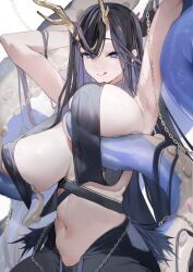 Rule 34 | 1girl, antlers, armpits, arms up, asymmetrical antlers, asymmetrical horns, azur lane, black dress, black hair, breast curtains, chain, covered erect nipples, dress, golden hind (azur lane), heart, heart-shaped pupils, highres, horns, hougu souji, licking lips, long hair, mole, mole under mouth, navel, reindeer antlers, revealing clothes, symbol-shaped pupils, tentacle between breasts, tentacles, tongue, tongue out