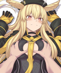 Rule 34 | 1girl, black one-piece swimsuit, blonde hair, breasts, fate/grand order, fate (series), grabbing, grabbing another&#039;s breast, head wings, large breasts, long hair, looking at viewer, lying, on back, one-piece swimsuit, red eyes, shiseki hirame, sidelocks, solo focus, swimsuit, thrud (fate), thrud (swimsuit assassin) (fate), valkyrie (fate), wings