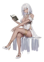 Rule 34 | 1girl, azur lane, bare shoulders, book, breasts, brown eyes, cleavage, closed mouth, crossed legs, dark-skinned female, dark skin, dress, echj, facial mark, forehead mark, full body, hand up, head tilt, high heels, highres, holding, holding book, large breasts, long hair, looking at viewer, massachusetts (azur lane), massachusetts (dressed to impress) (azur lane), open book, shoes, silver hair, simple background, sleeveless, sleeveless dress, solo, very long hair, white background, white dress, white footwear