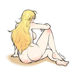 Rule 34 | 1girl, ass, backboob, blonde hair, breasts, feet, from behind, full body, large breasts, looking back, nude, rwby, sitting, solo, tinnies, yang xiao long