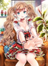 Rule 34 | 1girl, blue eyes, bracelet, breasts, brown hair, cleavage, couch, dress, hair ornament, hairclip, ice (ice aptx), jewelry, long hair, lots of jewelry, original, ring, sitting, smile, solo, twintails, wavy hair