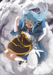Rule 34 | 1boy, 1girl, above clouds, absurdres, bad id, bad pixiv id, blue dress, blue eyes, blue hair, cloud, dress, expressionless, faux traditional media, from above, half-closed eyes, hands up, highres, hood, hood down, jewelry, kumoi ichirin, legs, long sleeves, looking afar, multicolored clothes, multicolored dress, no mouth, pendant, robe, shirt, shoes, short dress, sneakers, touhou, unitsu, unzan, white dress, wide sleeves, wind