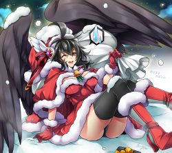 Rule 34 | 1girl, ;d, ahoge, arm at side, belt, black hair, black panties, black thighhighs, black wings, bobblehat, boots, box, breasts, capelet, cleavage, cleavage cutout, clothing cutout, dress, eln (sennen sensou aigis), eyebrows, fur-trimmed boots, fur boots, fur trim, gift, gift box, gloves, hat, high heel boots, high heels, holding, knee boots, looking at viewer, messy hair, one eye closed, open mouth, panties, pantyshot, red dress, red footwear, red gloves, red hat, ribbon, round teeth, sack, santa costume, santa gloves, santa hat, sennen sensou aigis, short hair, signature, sitting, smile, snow, snowing, solo, speech bubble, spoken sweatdrop, sweatdrop, takatsuki ichi, teeth, thighhighs, underwear, white wing, winged hat, wings, winter, yellow ribbon