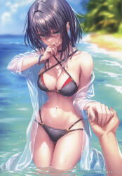 Rule 34 | 1boy, 1girl, absurdres, bare shoulders, bikini, black hair, blue eyes, blurry, blurry background, blush, bracelet, breasts, chigami hikage, cleavage, cloud, cloudy sky, collarbone, criss-cross halter, day, embarrassed, fingernails, halterneck, hand grab, hand up, hanikami kanojo, highres, jewelry, looking at viewer, medium breasts, navel, ocean, off shoulder, outdoors, partially submerged, piromizu, scan, see-through, short hair, simple background, sky, stomach, swimsuit, thighs, water, water drop, wet, wet clothes