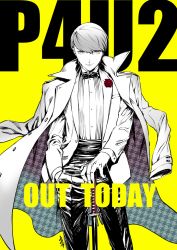 Rule 34 | 1boy, english text, looking at viewer, male focus, monochrome, narukami yuu, persona, persona 4, persona 4: the ultimate in mayonaka arena, persona 4: the ultimax ultra suplex hold, saitou rokuro, short hair, solo, sword, tuxedo, weapon