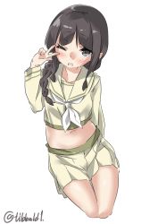 Rule 34 | 10s, 1girl, arm behind back, arm up, bad id, bad twitter id, black eyes, black hair, blush, braid, collarbone, cowboy shot, crop top, cropped legs, ebifurya, eyebrows, hair over shoulder, highres, inactive account, kantai collection, kitakami (kancolle), long hair, long sleeves, looking at viewer, midriff, navel, neckerchief, one eye closed, open mouth, pleated skirt, remodel (kantai collection), sidelocks, simple background, single braid, skirt, solo, stomach, thigh gap, twitter username, v, white background, white skirt