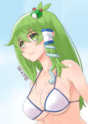 Rule 34 | 1girl, alternate costume, anteater ears, blue background, blush, breasts, cleavage, closed mouth, commentary request, crossed bangs, dated, frog hair ornament, gradient background, green eyes, green hair, hair between eyes, hair ornament, kei jiei, kochiya sanae, large breasts, long hair, looking afar, shiny skin, sidelocks, single hair tube, smile, snake hair ornament, solo, touhou, upper body, white background