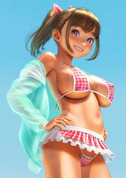 Rule 34 | 1girl, bikini, blue background, blue sky, breasts, brown hair, commentary request, day, frilled bikini, frills, grin, hands on own hips, highres, large breasts, looking at viewer, navel, original, outdoors, ponytail, sideboob, sky, smile, solo, standing, swimsuit, tan, tanline, teeth, underboob, uzuki mei