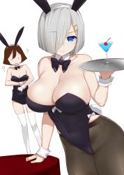 Rule 34 | 2girls, animal ears, arm support, black leotard, blue eyes, breast envy, breasts, chibi, cleavage, closed mouth, collarbone, covered navel, detached collar, drink, embarrassed, fake animal ears, hair ornament, hair over one eye, hairclip, hamakaze (kancolle), highres, kantai collection, kusaka souji, large breasts, leotard, looking at viewer, multiple girls, pantyhose, playboy bunny, rabbit ears, rabbit tail, short hair, silver hair, simple background, sketch, smile, solo focus, tail, tanikaze (kancolle), thighband pantyhose, thighhighs, tray, upper body, white background, wrist cuffs