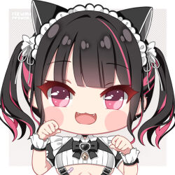 Rule 34 | 1girl, animal ears, artist name, bandaid, bandaid on breast, bell, black hair, black ribbon, blunt bangs, blush stickers, breasts, cat ears, chibi, commentary, cropped shirt, ear piercing, fangs, fpsmoe, frills, grey background, hair ribbon, hands up, heart, indie virtual youtuber, jingle bell, large breasts, looking at viewer, maid headdress, multicolored hair, no nose, open mouth, piercing, pink eyes, pink hair, puffy short sleeves, puffy sleeves, ribbon, rikotan (vtuber), shirt, short sleeves, smile, solo, streaked hair, twintails, underboob, upper body, virtual youtuber, white ribbon, white shirt