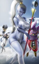 Rule 34 | 1girl, 2boys, absurdres, angel (dragon ball), blue eyes, blue skin, breasts, cabba, champa (dragon ball), cleavage, colored skin, dragon ball, dragon ball super, elite nappa, highres, large breasts, multiple boys, thighhighs, vados (dragon ball), white hair
