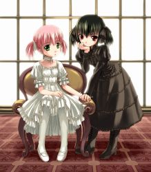 Rule 34 | 2girls, :o, black hair, blush, bosshi, chair, child, child on child, choker, dress, flat chest, frills, goth fashion, gothic lolita, green eyes, hair ribbon, head rest, high heels, holding hands, leaning forward, lingerie, lolita fashion, mary janes, moe (bosshi), moe (character), moe (phrase), multiple girls, open mouth, original, pantyhose, petticoat, pink hair, red eyes, ribbon, shoes, short hair, short twintails, sitting, smile, standing, twintails, underwear, white pantyhose, yu (bosshi), yuri
