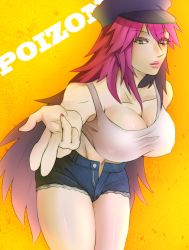 Rule 34 | 1girl, akisu (miwatake), bad id, bad pixiv id, breasts, cleavage, denim, denim shorts, eyelashes, final fight, finger gun, foreshortening, green eyes, hair over one eye, hat, large breasts, leaning forward, lipgloss, lips, long hair, nail polish, navel, nose, open fly, peaked cap, pink hair, poison (final fight), short shorts, shorts, solo, tank top, unzipped, very long hair
