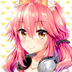 Rule 34 | 10s, 1girl, animal ears, blush, collarbone, fate/extra, fate/grand order, fate (series), fox ears, headphones, heart, heart-shaped pupils, jewelry, light smile, necklace, official alternate costume, pink hair, silveroid, solo, symbol-shaped pupils, tamamo (fate), tamamo no mae (fate/extra), tamamo no mae (spring casual) (fate), yellow eyes
