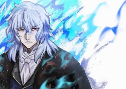 Rule 34 | 1boy, blue coat, closed mouth, coat, coat on shoulders, cropped shoulders, feet out of frame, fur coat, grey hair, highres, male focus, medium hair, open clothes, open coat, red eyes, sidelocks, tsukihime, tsukihime (remake), upper body, vlov arkhangel, white background, white neckwear, winter clothes, winter coat