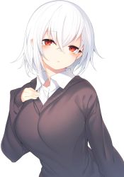 Rule 34 | 1girl, black sweater, blush, breasts, character request, check character, check copyright, commentary request, copyright request, hair between eyes, highres, long sleeves, looking at viewer, original, otokuyou, shirt, short hair, simple background, sleeves past wrists, solo, sweater, upper body, white background, white hair, white shirt