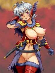 Rule 34 | 1girl, blue eyes, blush, breasts, breasts out, crotchless skirt, d.koutya, female focus, functionally nude, highres, looking at viewer, navel, nipples, original, pussy, revealing clothes, reverse bikini armor, reverse outfit, short hair, silver hair, solo, sword, uncensored, weapon
