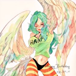 Rule 34 | 1girl, artist request, breasts, curvy, female focus, green hair, harpy, large breasts, long hair, monet (one piece), monster girl, one piece, wings