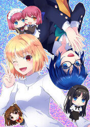 Rule 34 | apron, arcueid brunestud, black hair, black jacket, blonde hair, blue eyes, blue hair, breasts, brown eyes, brown hair, chibi, ciel (tsukihime), commentary request, frilled apron, frills, frown, glasses, hands on own hips, highres, hisui (tsukihime), holding hands, interlocked fingers, jacket, jewelry, kohaku (tsukihime), lo lis, maid, maid apron, maid headdress, medium breasts, necklace, one eye closed, open mouth, orange eyes, own hands together, pink hair, red eyes, school uniform, short hair, siblings, sisters, smile, sweater, tohno akiha, tsukihime, turtleneck, twins, twintails, v, yellow sweater, yumizuka satsuki