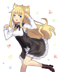 Rule 34 | 1girl, absurdres, animal ears, blonde hair, blue eyes, blush, cat ears, cat tail, dress, highres, long hair, looking at viewer, normaland, open mouth, paw pose, princess (princess principal), princess principal, school uniform, smile, solo, tail