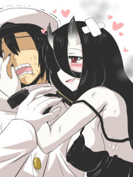 Rule 34 | 10s, 1boy, 1girl, abyssal ship, admiral (kancolle), bandaid, battleship princess, black hair, blush, breasts, colored skin, commentary request, dress, gloves, goma (gomasamune), hand on another&#039;s cheek, hand on another&#039;s face, hat, heart, horns, injury, kantai collection, large breasts, long hair, military, military uniform, open mouth, peaked cap, scared, short hair, simple background, smoke, strap slip, sweat, teeth, translation request, trembling, uniform, white gloves, white skin