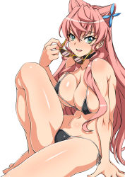 Rule 34 | 10s, 1girl, arm support, bikini, blush, breasts, cleavage, green eyes, large breasts, long hair, looking at viewer, maria cadenzavna eve, open mouth, pink hair, senki zesshou symphogear, side-tie bikini bottom, sitting, smile, solo, sunglasses, swimsuit, syunzou