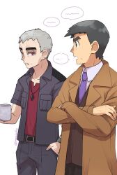 Rule 34 | 2boys, belt, black hair, black jacket, brown coat, brown vest, clenched teeth, coat, collared shirt, commentary request, creatures (company), crossed arms, cup, game freak, grey hair, hand in pocket, holding, holding cup, jacket, long sleeves, looker (pokemon), male focus, mug, multiple boys, nanu (pokemon), necktie, nintendo, nyoripoke, open clothes, open coat, open jacket, open mouth, pants, pokemon, pokemon sm, purple necktie, red eyes, red shirt, shirt, short hair, short sleeves, speech bubble, teeth, twitter username, vest, white background, white shirt
