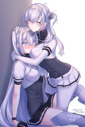 Rule 34 | 2girls, anchor, between breasts, black gloves, black skirt, blue eyes, blush, bodysuit, breasts, closed eyes, closed mouth, clothes writing, dated, face between breasts, fuyutsuki (kancolle), gloves, grey thighhighs, hachimaki, hair between eyes, head between breasts, headband, highres, kabocha torute, kantai collection, large breasts, long hair, multiple girls, nose blush, one side up, pleated skirt, sailor collar, school uniform, serafuku, short sleeves, simple background, sitting, skirt, suzutsuki (kancolle), sweat, thighhighs, twitter username, white bodysuit, white headband, white skirt, yuri