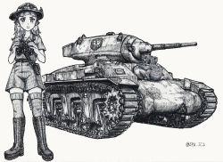 Rule 34 | 1girl, ac1 sentinel, ballpoint pen (medium), belt, binoculars, blunt bangs, boots, collared shirt, combat boots, commentary request, girls und panzer, greyscale, highres, holding, holding binoculars, holster, koala, koala forest (emblem), koala forest military uniform, looking at viewer, medium hair, military, military vehicle, monochrome, motor vehicle, nspa (spa-jcs), open mouth, partial commentary, sam browne belt, shirt, short sleeves, shorts, slouch hat, solo, standing, tank, thighhighs, traditional media, twitter username, wallaby (girls und panzer), zipper