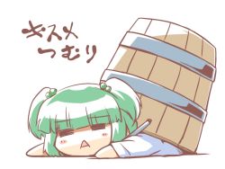 Rule 34 | 1girl, = =, bucket, closed eyes, female focus, futatsuki hisame, green hair, hair bobbles, hair ornament, in bucket, in container, kisume, open mouth, short hair, solo, touhou, translated, twintails, white background