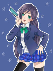 Rule 34 | 1girl, between fingers, black thighhighs, blazer, blue bow, blue jacket, blush, bow, bowtie, card, card between fingers, collared shirt, commentary request, dress shirt, green bow, green bowtie, green eyes, hair behind ear, hair ornament, hair scrunchie, hand on own hip, highres, holding, holding card, jacket, kashikaze, long hair, long sleeves, looking at viewer, love live!, love live! school idol project, low twintails, miniskirt, open clothes, open jacket, open mouth, otonokizaka school uniform, outline, plaid, plaid skirt, pleated skirt, purple hair, purple scrunchie, school uniform, scrunchie, shirt, skindentation, skirt, solo, striped bow, striped bowtie, striped clothes, thighhighs, tojo nozomi, twintails, very long hair, white outline, white shirt, zettai ryouiki