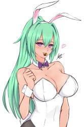 Rule 34 | 1girl, absurdres, airisubaka, animal ears, bad id, bad twitter id, breasts, choujigen game neptune, cleavage, cowboy shot, detached collar, detached sleeves, fake animal ears, food, food in mouth, green hair, green heart (neptunia), hair ornament, highres, holding, holding food, large breasts, leotard, long hair, looking at viewer, neptune (series), pantyhose, playboy bunny, purple eyes, rabbit ears, ribbon, shin jigen game neptune vii, simple background, smile, solo, vert (neptunia), white background