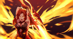 Rule 34 | 1girl, absurdres, armor, armored dress, armpits, arms up, aura, bare shoulders, bleeding, blood, breasts, charging, claymore (sword), cleavage, deep wound, dress, fiery wings, fire, floating hair, gloves, glowing, glowing eyes, highres, holding, holding sword, holding weapon, honkai (series), honkai impact 3rd, injury, large breasts, light particles, long hair, looking at viewer, murata himeko, murata himeko (vermillion knight), open mouth, parted bangs, red hair, shouting, solo, sword, torn clothes, vermillion knight, weapon, wings, yellow eyes, yumuto (spring1786)