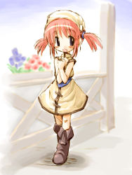 Rule 34 | 1girl, beret, blush, boots, brown eyes, buttons, collarbone, dress, field, flower, full body, garden, grass, hat, long sleeves, looking at viewer, outdoors, pillar, pink hair, plant, solo, standing, suka, tareme, thigh boots, thighhighs, twintails, yellow dress, zettai ryouiki