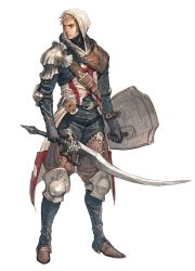 Rule 34 | 1boy, armor, blonde hair, gloves, hood, male focus, original, shield, simple background, sketch, solo, sword, tahra, weapon