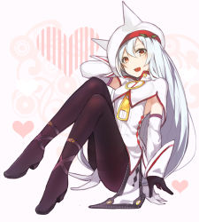 Rule 34 | 1girl, black pantyhose, blush, detached sleeves, hat, high heels, highres, hitoshi, holly, long hair, looking at viewer, mistletoe, open mouth, original, pantyhose, red eyes, silver hair, sitting, smile, solo, white hat, zipper