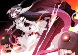 Rule 34 | 10s, 1girl, abyssal ship, anchorage water oni, black hair, boushi-ya, colored skin, glowing, glowing eyes, headgear, kantai collection, long hair, open mouth, red eyes, solo, teeth, tongue, turret, very long hair, white skin