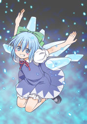 Rule 34 | 1girl, absurdres, blush stickers, cirno, grin, highres, jumping, kurarin, outstretched arms, perfect cherry blossom, smile, snow, solo, spread arms, touhou, wings