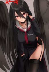 Rule 34 | 1girl, bent over, black choker, black gloves, black hair, black serafuku, black thighhighs, black wings, blue archive, blush, breast pocket, character name, choker, collarbone, commentary request, feathered wings, garter belt, gloves, grey background, hair between eyes, tucking hair, halo, hasumi (blue archive), highres, kinokorec, large wings, long hair, long skirt, long sleeves, looking at viewer, mole, mole under eye, neckerchief, parted lips, pelvic curtain, pocket, red eyes, red neckerchief, sailor collar, school uniform, serafuku, simple background, skirt, smile, solo, thighhighs, thighs, very long hair, white sailor collar, wings