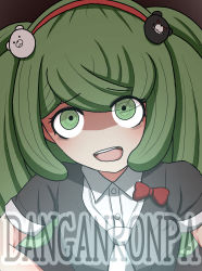 Rule 34 | 1girl, absurdres, alternate costume, alternate hair length, alternate hairstyle, bear hair ornament, bow, bowtie, child, close-up, cosplay, crazy eyes, danganronpa (series), danganronpa 3 (anime), english text, enoshima junko (cosplay), green eyes, green hair, hair ornament, hairband, hairwear, headband, highres, looking at viewer, necktie, no nose, official alternate costume, official alternate hairstyle, open mouth, red bow, red hairband, red headband, red headwear, simple background, teeth, tongue, towa monaca, upper body, upper teeth only