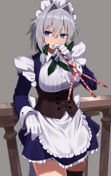 Rule 34 | 1girl, apron, blue dress, blue eyes, bodice, bow, braid, breasts, dress, frilled dress, frills, gloves, green bow, greenkohgen, grey background, grey hair, hair bow, highres, izayoi sakuya, large breasts, long sleeves, maid, maid headdress, party whistle, railing, simple background, solo, touhou, twin braids, white apron, white gloves