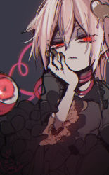 Rule 34 | 1girl, alternate costume, black dress, breasts, brown nails, commentary request, dress, frills, fua yuu, grey background, hair between eyes, half-closed eyes, hand on own cheek, hand on own face, head rest, heart, heart of string, komeiji satori, looking at viewer, medium hair, melting, nail polish, one-hour drawing challenge, parted lips, pink hair, red eyes, sharp teeth, simple background, small breasts, solo, teeth, touhou