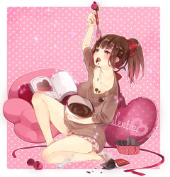 Rule 34 | 1girl, book, breasts, brown hair, candy wrapper, chocolate, cleavage, heart, heart-shaped pupils, highres, hiyo kiki, holding, jewelry, long hair, mixing bowl, necklace, open book, original, outline, pillow, pink hair, polka dot, polka dot background, ponytail, red theme, sitting, sleeves pushed up, solo, sweater, symbol-shaped pupils, tongue, tongue out, valentine
