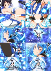Rule 34 | 6+girls, armpits, black hair, blue background, blue eyes, blue hair, blue legwear, blue theme, blush, bodysuit, boots, closed eyes, covered erect nipples, eyelashes, flat chest, gloves, hair ornament, hair ribbon, happy, henshin, kicking, long hair, looking at viewer, mecha musume, midriff, multiple girls, multiple persona, one eye closed, open mouth, ore twintail ni narimasu, red eyes, ribbon, sequential, smile, standing, tailblue, thighhighs, thighs, transformation, translation request, tsube aika, twintails, underwear, white legwear, yuto (dialique)
