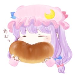 Rule 34 | 1girl, ajitsuki, anpan, bad id, bad pixiv id, blue bow, blue ribbon, blush, bow, bread, chibi, closed eyes, commentary request, crescent, crescent pin, cropped torso, eating, food, hair bow, hat, hat ribbon, holding, holding food, long hair, mob cap, pastry, patchouli knowledge, purple hair, red bow, red ribbon, ribbon, simple background, solo, touhou, translation request, upper body, white background