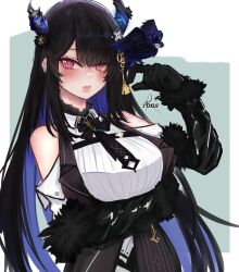 Rule 34 | 1girl, asymmetrical horns, bare shoulders, bird, blush, crow, facing viewer, fur trim, hair ornament, highres, holoadvent, hololive, hololive english, horns, long hair, looking at viewer, multicolored hair, nerissa ravencroft, nerissa ravencroft (1st costume), runa (runasi), shadow (nerissa ravencroft), solo, split-color hair, uneven horns, virtual youtuber