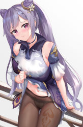 1girl, 3:, absurdres, bangs, bare shoulders, blush, braid, breasts, brown legwear, choker, closed mouth, commentary, cowboy shot, detached sleeves, dress, dress lift, english commentary, eyebrows visible through hair, flower, frilled dress, frills, genshin impact, hair cones, hair flower, hair ornament, highres, keqing (genshin impact), lace, lace-trimmed panties, lace trim, leaning on rail, leg tattoo, lifted by self, long hair, looking at viewer, medium breasts, navel, panties, panties under pantyhose, pantyhose, purple choker, purple dress, purple eyes, purple hair, railing, sidelocks, simple background, skai kun, sleeveless, sleeveless dress, solo, standing, stomach, tattoo, thigh gap, twintails, underwear, white background