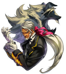 Rule 34 | 1boy, adjusting clothes, adjusting gloves, animal ears, arc system works, blazblue, blue eyes, bow, butler, dual persona, facial hair, furry, furry male, gloves, goatee, hair ribbon, long hair, male focus, old, old man, ponytail, ribbon, simple background, valkenhayn r hellsing, werewolf, white background, white hair, wolf, wolf ears, yadori (frousol)