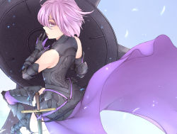 Rule 34 | 1girl, armor, armored boots, bad id, bad pixiv id, black footwear, boots, fate/grand order, fate (series), from side, gloves, hair between eyes, hair over one eye, highres, looking at viewer, mash kyrielight, pannakotta, pink eyes, pink hair, purple thighhighs, sheath, sheathed, shield, short hair, solo, thighhighs
