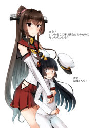 Rule 34 | 2girls, brown hair, cherry blossoms, detached sleeves, female admiral (kancolle), flower, hair flower, hair ornament, hat, headgear, kantai collection, long hair, military, military hat, military uniform, minase (takaoka nanase), multiple girls, naval uniform, peaked cap, ponytail, red skirt, size difference, skirt, translation request, uniform, very long hair, yamato (kancolle)